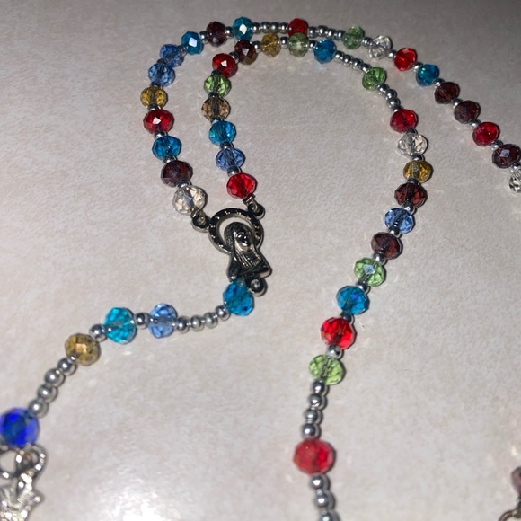 Silver rainbow multicolor beaded crystal Catholic rosary necklace - Picture 6 of 6